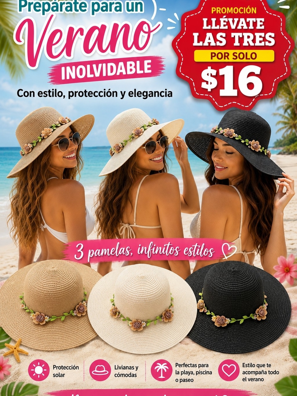 Pack of 3 Floral Trim Sun Hats - Beige, Cream & Black